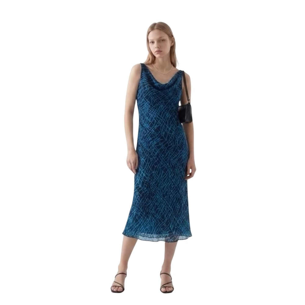 Be‎ Smart Vintage Blue Mesh Cowl Neck Midi Dress Geometric Print Sleeveless 3/4